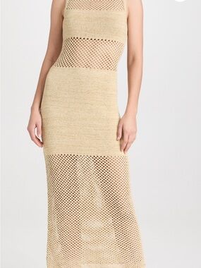 STAUD Neutral Beige Crochet-Panel Midi Dress
